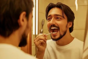 Hombre usando hilo dental.Consejos para Mantener una Sonrisa Saludable