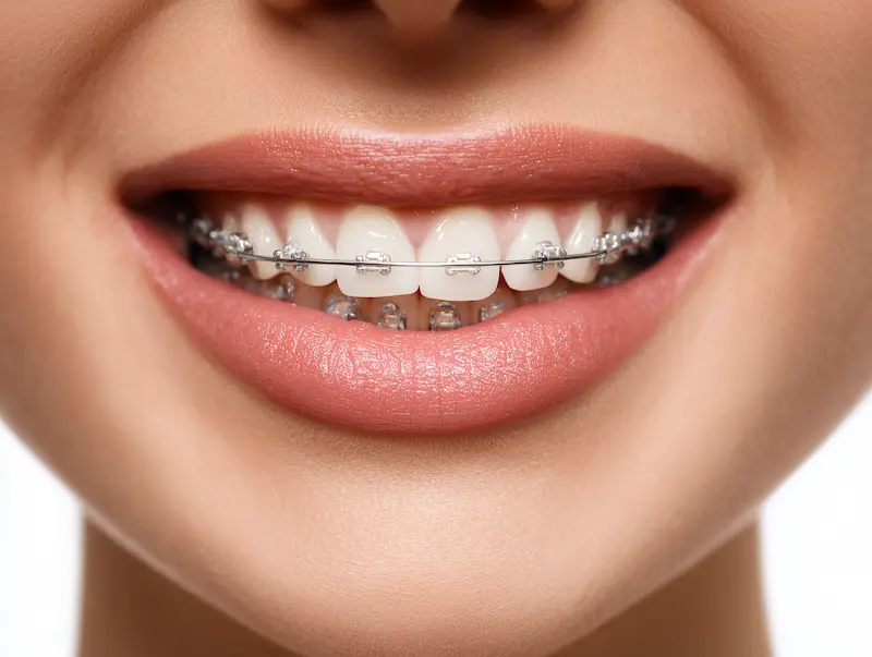 Mujer sonriendo con tratamiento de ortodoncia. Brackets metálicos vs. Cerámicos