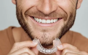 Hombre con tratamiento de ortodoncia invisible. Beneficios de los alineadores transparentes