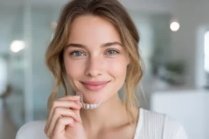 Mujer con tratamiento de ortodoncia transparente ¿Cuánto dura un tratamiento con ortodoncia invisible?