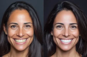 Mujer sosteniendo alineadores transparentes junto a su estuche de ortodoncia invisible