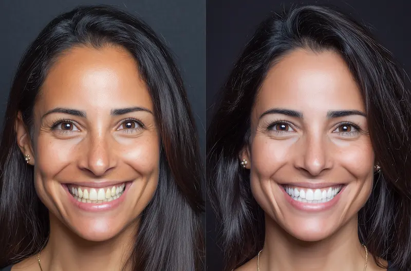 Mujer sosteniendo alineadores transparentes junto a su estuche de ortodoncia invisible