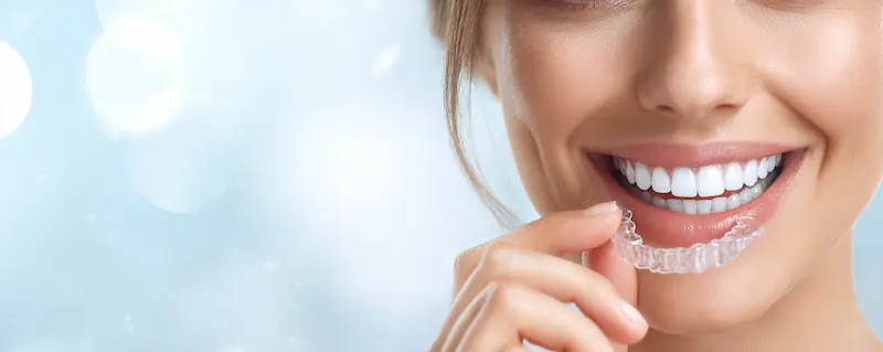 Mujer con ortodoncia invisible sonriendo con confianza en reunión de trabajo