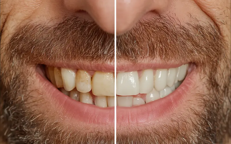 Comparación de dientes antes y después de blanqueamiento dental profesional. Diferencias entre blanqueamiento dental y carillas estéticas