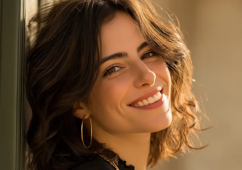 Mujer con sonrisa armónica después de tratamiento estético dental en Bogotá. Diferencias entre blanqueamiento dental y carillas estéticas